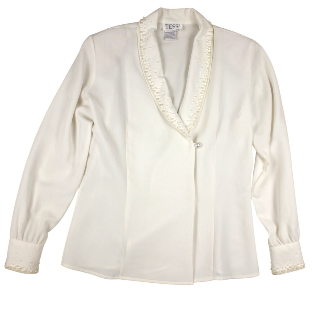 Vintage‎ Tess Pearl Embellished Blouse Womens 4 Ivory Coquette Secretary Core